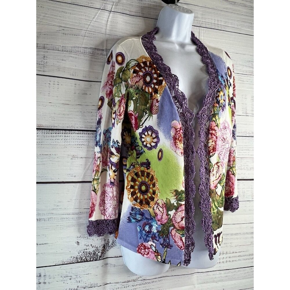 Vintage Alberto Makali Crochet Floral Sequin Cardigan Y2K Boho Embroidered Sz M